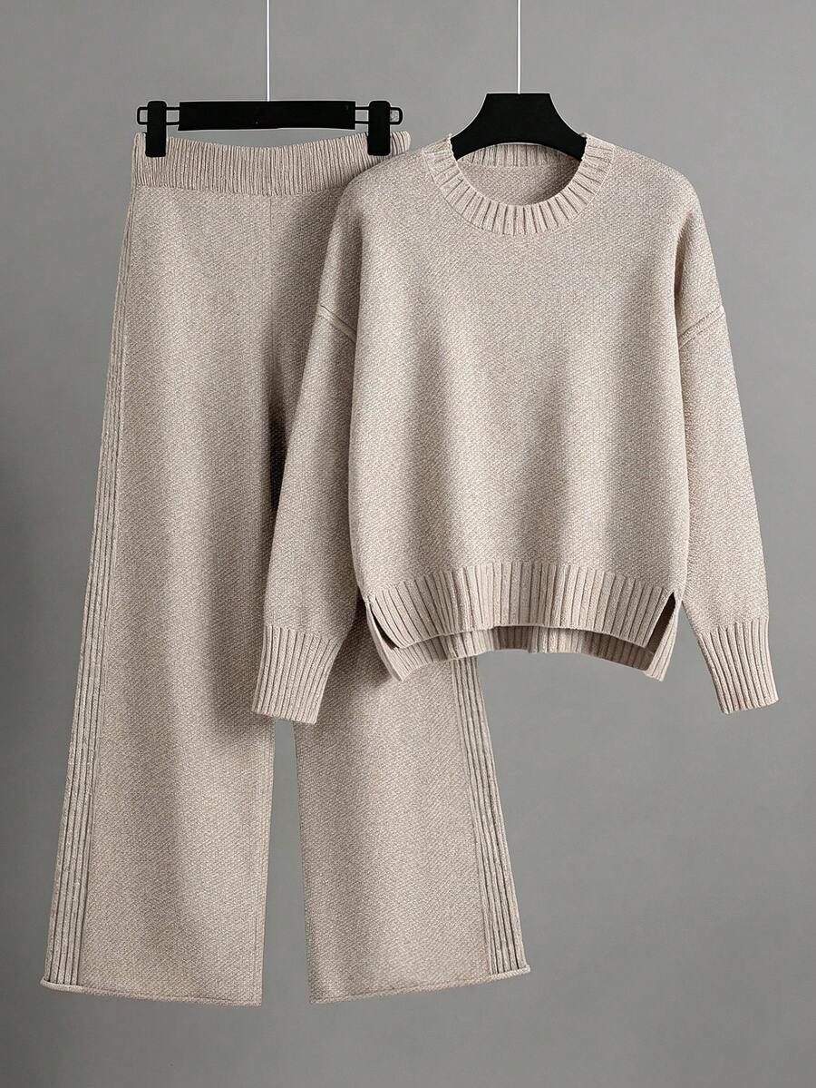 EMERY ROSE Women's Elegant Loose Long Sleeve Tie-Waist Knit Sweater & Pants Set, Plus Size, Suitable For Outings, Parties, Wedding Guests, Autumn/Winter - Apricot - View 1