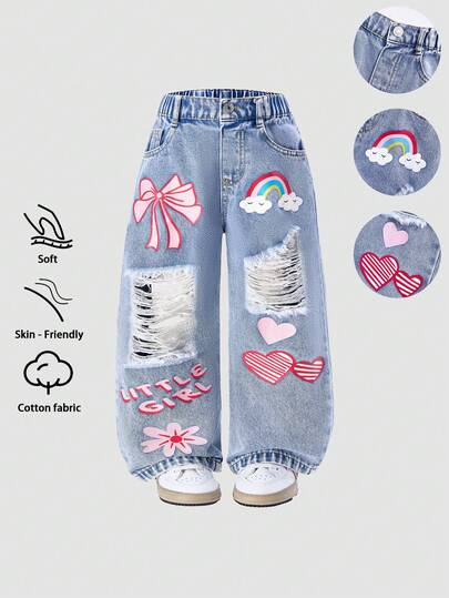 SHEIN Girls Casual Comfortable Vacation Fashion Street Cute Graffiti Print Washed Soft Loose Denim Jeans, Thin Material