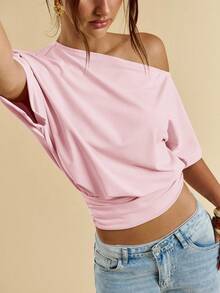 SHEIN BAE Casual Black Asymmetrical Neck T-Shirt For Summer Everyday Wear, Dating, Afternoon Tea, Hang Out With Friends, Versatile - Coral Pink - View 6