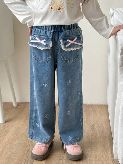 Genkimix Kids 少女休闲日常蝴蝶结装饰松紧腰牛仔裤，可爱时尚，冬季款