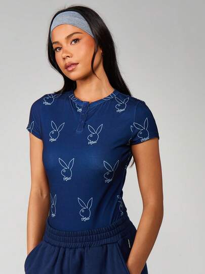 Missguided x Playboy 兔子印花亨利领连体衣长袖纽扣一体式家居服