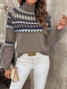 SHEIN LUNE Suéter de cuello alto con mangas raglán y patrón geométrico para mujer, para otoño/invierno - Multicolor - Ver 5