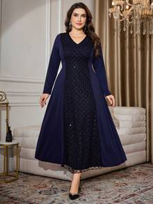 Modelyn Elegant Knit Patchwork Beaded Mesh V-Neck Long Sleeve A-Line Plus Size Dress, Suitable For Spring And Autumn - Navy Blue - View 6