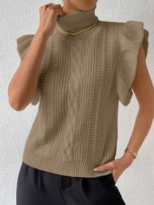 RosyDaze Rompi Sweater Wanita Warna Polos Minimalis untuk Pemakaian Sehari-hari, Lengan Pendek, Kerah Tinggi - Khaki - View 4