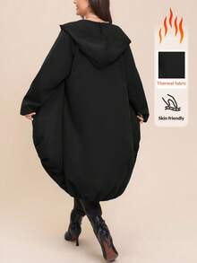 Comfylo Plus Size Casual Solid Color Hooded Jacket In Fall/Winter - Black - View 1
