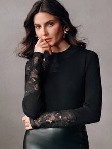 Anewsta 优雅时尚百搭重工刺绣花卉镂空修身女式圆领长袖毛衣 - 黑色 - 查看 4