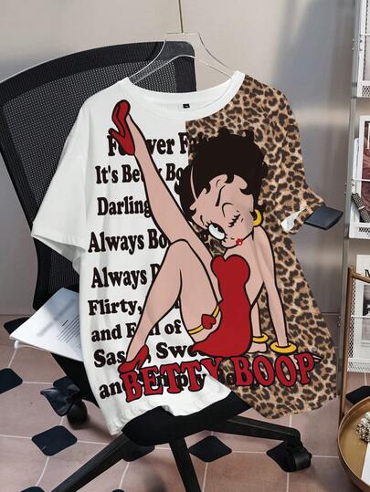 Betty Boop x SHEIN Plus Size Summer Casual Patchwork Leopard Print, Letter & Portrait Graphic Short Sleeve T-Shirt Cartoon Shirts Sexy Shirts Funny Graphic Tees Women Tshirts For Women Graphic