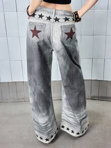 ROMWE Avant Y3K 复古做旧低腰灰色牛仔裤，女款，韩流风格，带音符印花 - 灰色 - 查看 2