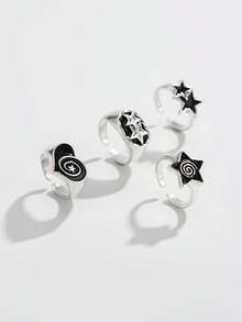 ROMWE Goth 4枚/套朋克风螺旋星形戒指，情侣可调节戒指套装 - 銀色4pcs-星星愛心螺旋 - 查看 2