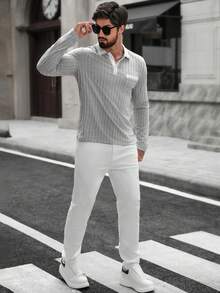 Manfinity CasualCool Men's Casual Contrast Collar Long Sleeve Polo Shirt, Autumn Fall/Winter Men Casual Shirt Men Knit Shirt Men Buttoned Knitted Polo Men Casual Long Sleeve Shirts White And Grey Shirt Men  Old Money,Daily Leisure, Weekend Trips, Outdoor Activities, Travel Expeditions, Relaxed Work Environments Or Semi-Formal Occasions,Boyfriend/Husband Gift, Anniversary Gift Christmas Outfits Men Sweater Top Mens Grey And White Set Knitted Men Shirt