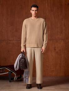 Officeau 白悦男士秋冬复古老钱风针织毛衣，宽松圆领纹理套头衫 - 卡其色 - 查看 5
