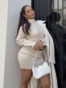 NegzBox Long Sleeve Round Neck Lace Trim Apricot Color Dress, Autumn/Winter Fall Cloth For Women - Apricot - View 4