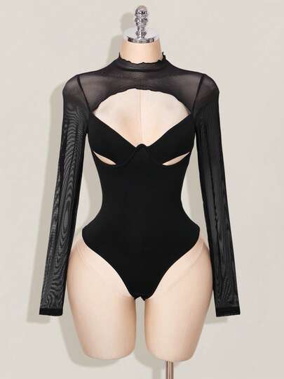 SHEIN ICON Women's Hollow-Out Mesh Patchwork Semi-Sheer Bodysuit