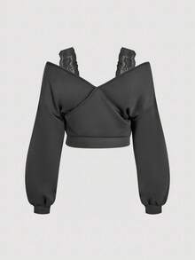 SHEIN MOD Áo nỉ hở vai tay dài ren rộng rãi cho nữ cỡ lớn - Xám - Xem 2