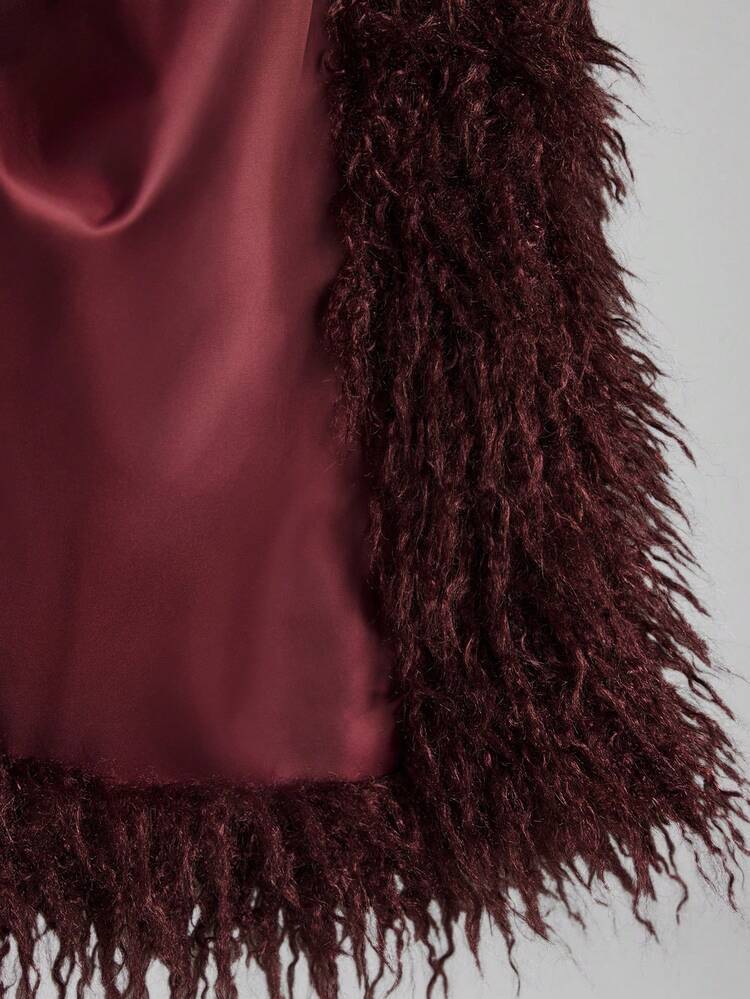 Women's Burgundy Faux Fur Winter Jacket,Elegent Evening Deep Purple Oversized Collar Loose Drop Shoulder Long Sleeve Coat With Pockets,Christmas Party
