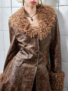 ROMWE Hippie Women's Retro Basic PU Patchwork Faux Fur Long Jacket - Brown - View 8