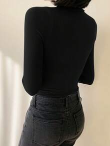 DAZY Women's Turtleneck Tight Fit Thermal Lining T-Shirt With Embroidery Pattern Long Sleeve - Black - View 2