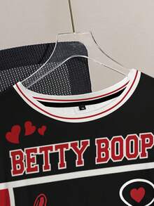 Betty Boop x SHEIN تي شيرت كاجوال مقاس كبير بتصميم كتل لونية ورسومات حروف وصور شخصية، رقبة دائرية وأكمام قصيرة، تي شيرت صيفي بطراز ريترو - أبيض - مشاهدة 4