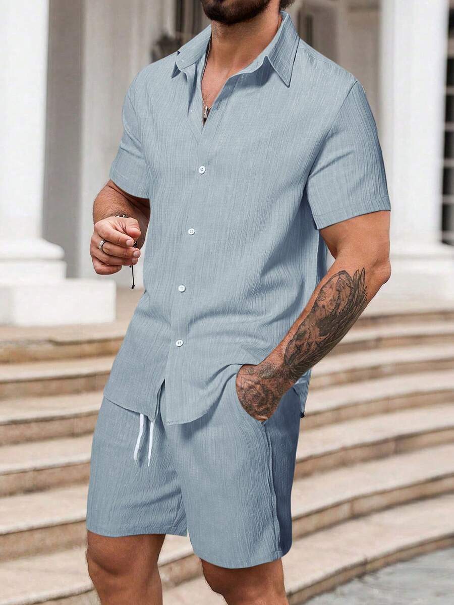 Manfinity RSRT Men's Solid Color Casual Short Sleeve Shirt & Shorts Set, Cozy Outfits - Grey - View 1