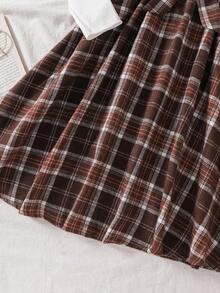 SHEIN Tween Girl Casual 2 In 1 Plaid A-Line Long Sleeve Dress With Belt, Suitable For Outings And Gatherings, Autumn/Winter - Coffee Brown - View 8