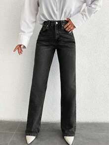 SHEIN Tall 100%Cotton Black High Waist Wide Leg Jeans TALL - Black - View 1