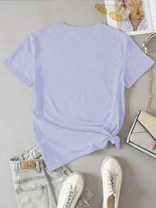 Camiseta de mujer de manga corta y cuello redondo, versátil y casual, con bordado de sol - Púrpura malva - Ver 2