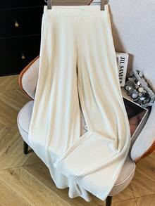 Franclia 女士纯色圆领长袖罗纹上衣和喇叭裤休闲两件套 - 杏色 - 查看 3