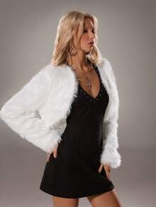 SHEIN TRNDY 1pc Women's Faux Fur Coat, White, Autumn/Winter, Loose Fit, Long Sleeve, Luxurious & Elegant For Party - White - View 1