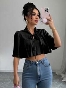 Selianne Blouse élégante pour femmes, couleur unie, avec ourlet plissé et nœud papillon - Noir - Voir 7