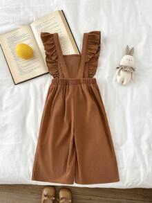 SHEIN 女婴纯色方领荷叶边休闲连体衣 - 卡其色 - 查看 6