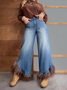 EMERY ROSE 女士休闲度假流苏边阔腿牛仔裤 - 藍色 - 查看 8