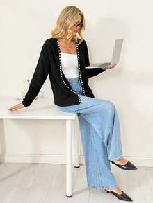 Chiquease Fashionable Pearl Knit Cardigan Women Jacket - Black - View 3