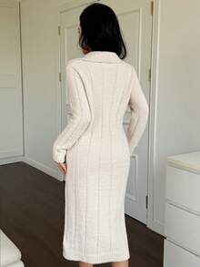 Feyla Váy len dài tay cổ bẻ màu trơn dành cho nữ, thanh lịch cho mùa thu/đông - Màu be - Xem 4