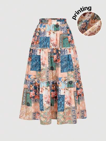 SHEIN MOD Vintage Green Tie-Dye Paisley Skirt – Multi-Layered Tiered Cake Skirt, Western & Bohemian Style, Retro 70s, Y2K, Date, Party, Court, Festive, Birthday & Prom Wear,Winter Clothes ,Christmas Outfit,New Year Outfit,Thanksgiving Outfit For Women