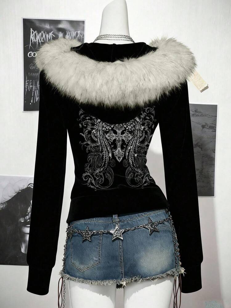 SHEIN ICON Veste femme décontractée rétro Y2K punk noire ajustée avec col en fausse fourrure à capuche, manches longues régulières, motif imprimé de strass ailés. Confortable pour l'automne/l'hiver
