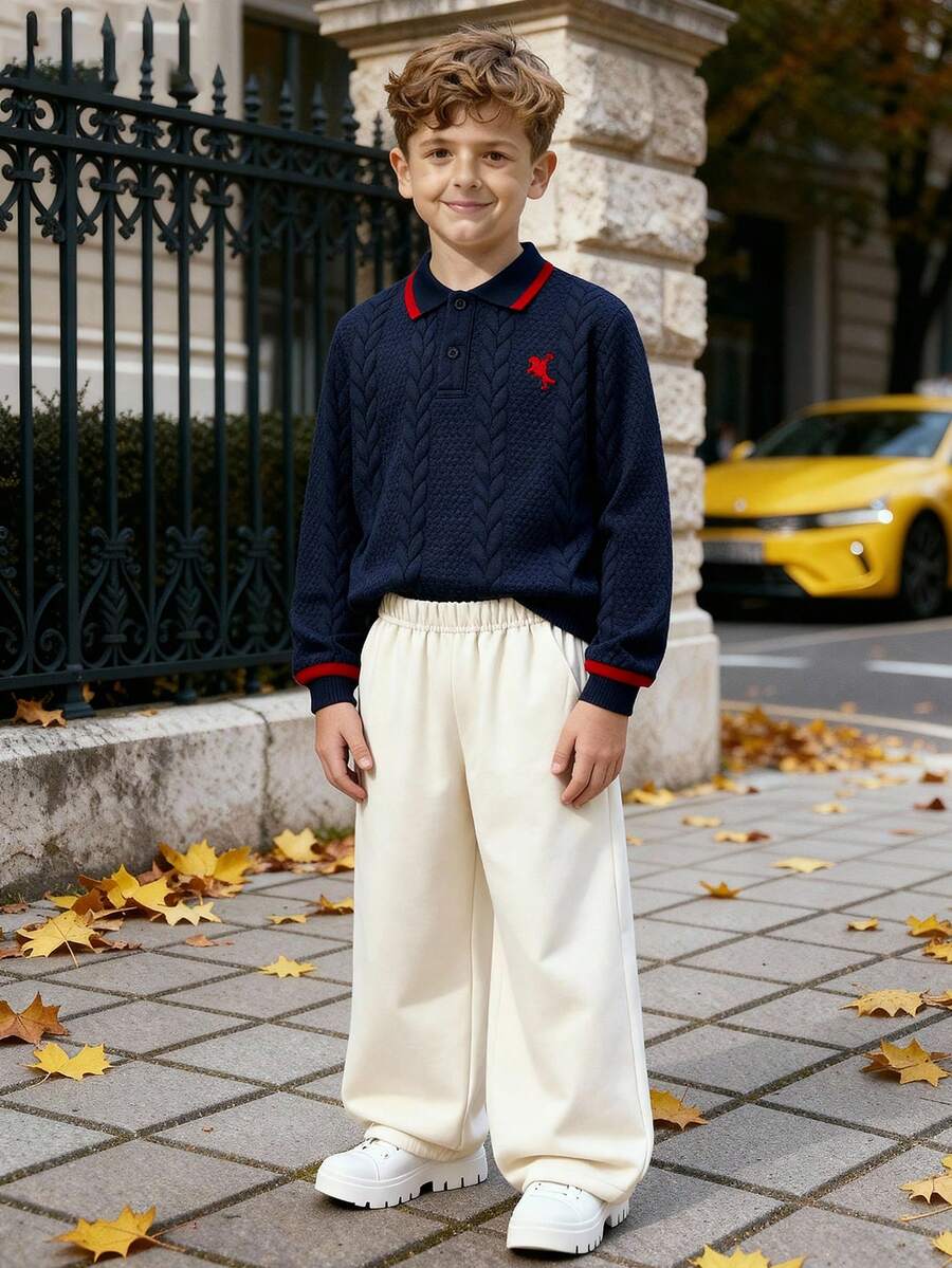 SHEIN Explorewe 2pcs/Set Kids Boys Knitted Long Sleeve Collared Sweatshirt And Casual Pants Set, Autumn/Winter New Arrival - Navy Blue - View 1