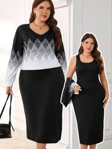 EMERY ROSE Plus Size Women Casual Ombre Rhombus Print V-Neck Loose Sweatshirt And Sleeveless Dress 2 Piece Set, Elegant Dresses For Women, Plus Size Office Wear, Casual Dresses  2 Piece Set For Women, Autumn/Winter,2025 New