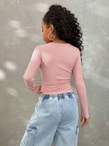 Coolane Áo thun nữ mùa thu thời trang ôm sát, tay áo raglan, cổ chữ U, eo nhún, co giãn - Hồng - Xem 2