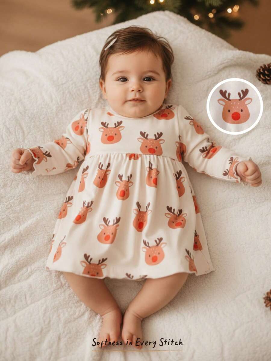 Cute All White Newborn Baby Girl Floral Print Knit Soft Round Neck Long Sleeve Cinched Waist Dress,Thermal Lined Christmas Cozy Pixies Spring Infant - Apricot - View 1