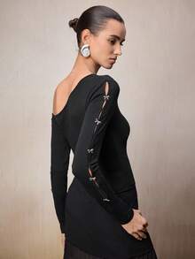 Modelyn 女士Y2K蝴蝶结装饰斜肩长袖时尚T恤单肩连衣裙优雅黑色连衣裙单袖连衣裙黑色正式连衣裙长款黑色连衣裙黑色褶皱连衣裙女士优雅连衣裙 - 黑色 - 查看 2