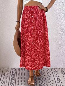 Breezaya Women's Ditsy Floral Elastic Waist Button Design Casual Midi Skirt - Red - View 8