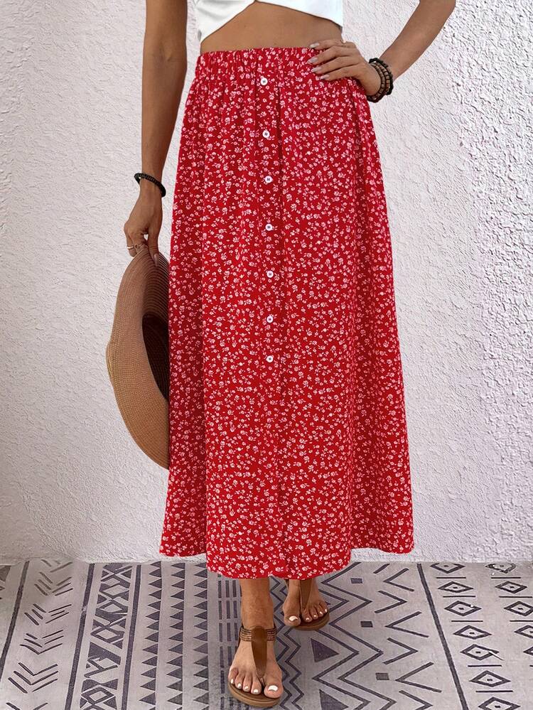 Women's Ditsy Floral Elastic Waist Button Design Casual Midi Skirt