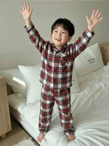 Young Boy Casual Plaid Simple Placket New Button Pocket Elastic Waist 2 Pieces Pajama Set - Multicolor - View 3