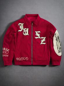 PAVTROS Plus Size Men's Letter Print Long Sleeve Zip-Up Casual Jacket Red Jacket Zip Up Jacket Graphic Red Varsity Jacket Jacket Y2k Red Zip Up - Red - View 1