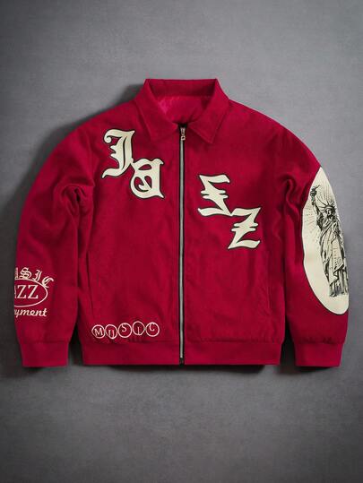 PAVTROS Plus Size Men's Letter Print Long Sleeve Zip-Up Casual Jacket Red Jacket Zip Up Jacket Graphic Red Varsity Jacket Jacket Y2k Red Zip Up