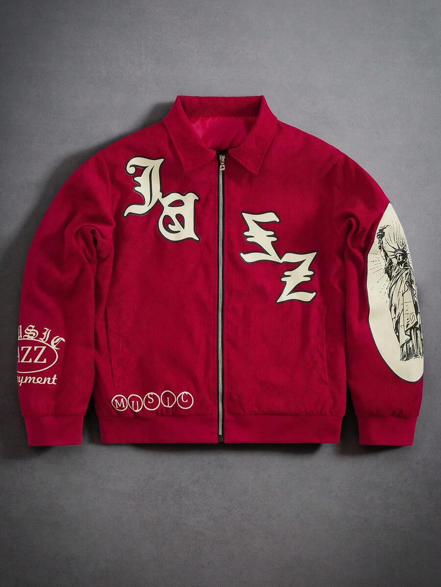 PAVTROS Plus Size Men's Letter Print Long Sleeve Zip-Up Casual Jacket Red Jacket Zip Up Jacket Graphic Red Varsity Jacket Jacket Y2k Red Zip Up - Red - View 1