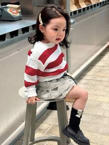 DAZY 女婴条纹撞色长袖毛衣，秋冬季幼儿女童服装 - 紅白色 - 查看 1