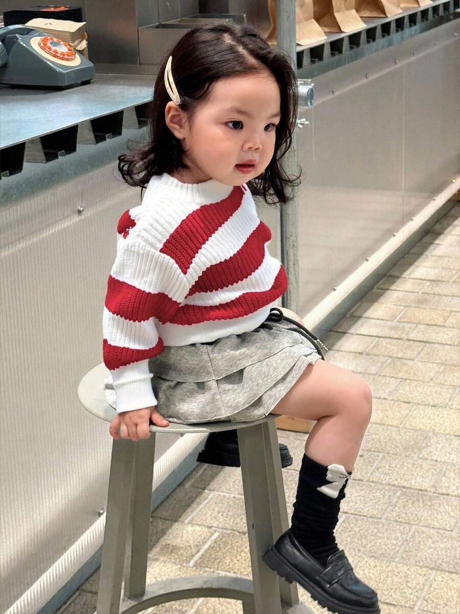 DAZY 女婴条纹撞色长袖毛衣,秋冬季幼儿女童服装 - 紅白色 - 查看 1