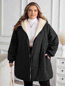 SHEIN CURVE+ 女士加大码带帽加厚长款外套，配腰带，秋冬款