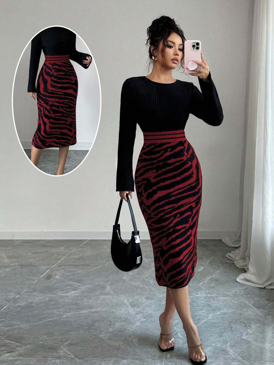 Elenzga Classic Unique Fashion Zebra Stripe Knitted Round Neck Dress, Niche Design Fashionable Charming Women Sweater Dress
